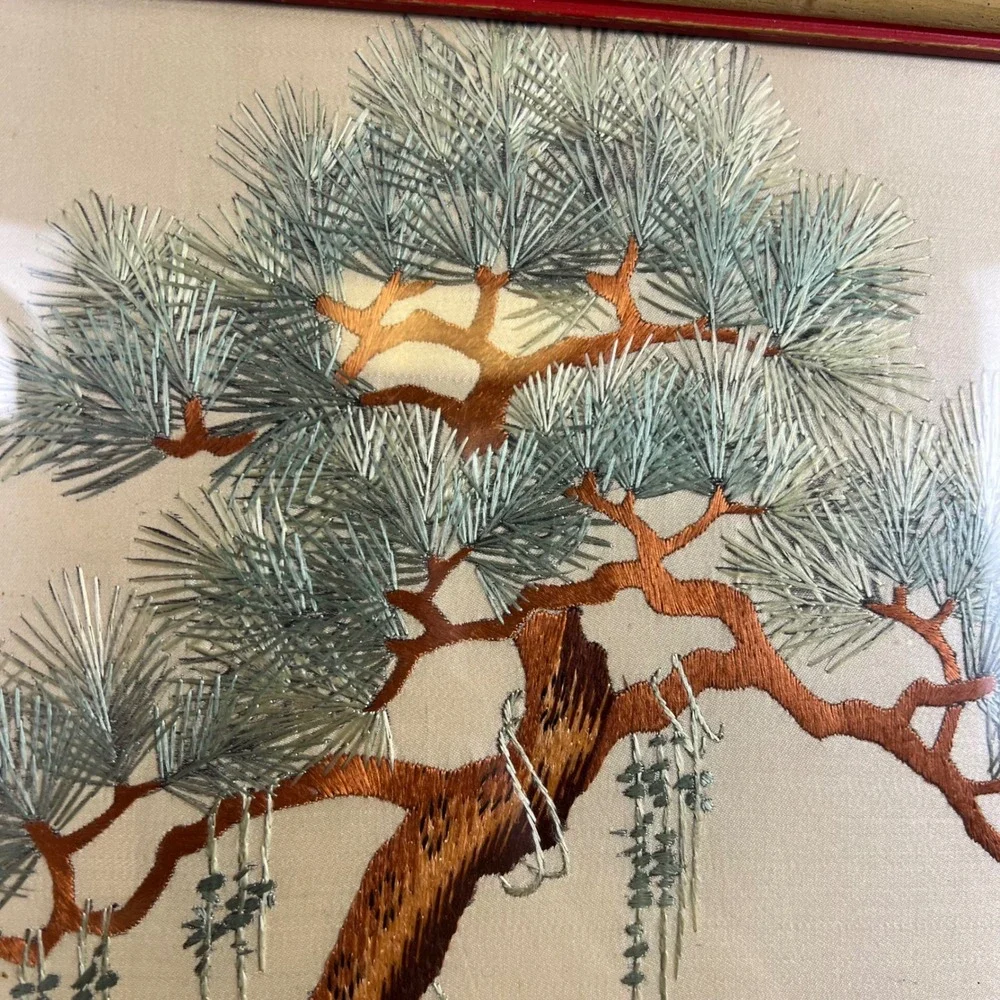 Vintage Chinese Silk Hand Embroidered Crane Pine Tree Framed Art 14x21 Excellent
